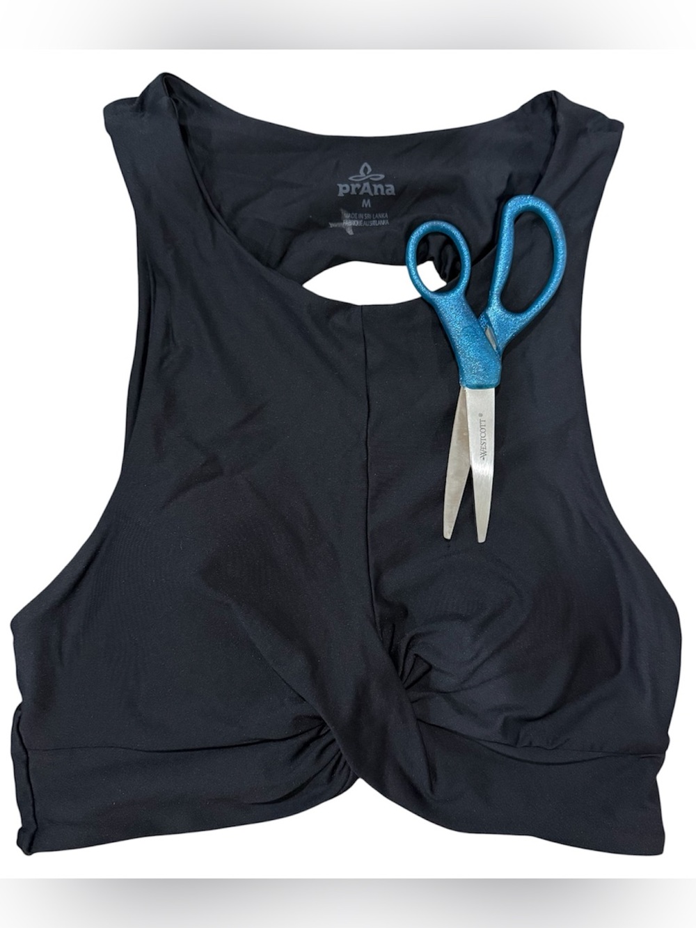 prAna Twist Front Crop Top Womens M Black Swim Yoga Athleisure Cutout Tie Back - Picture 4 of 5